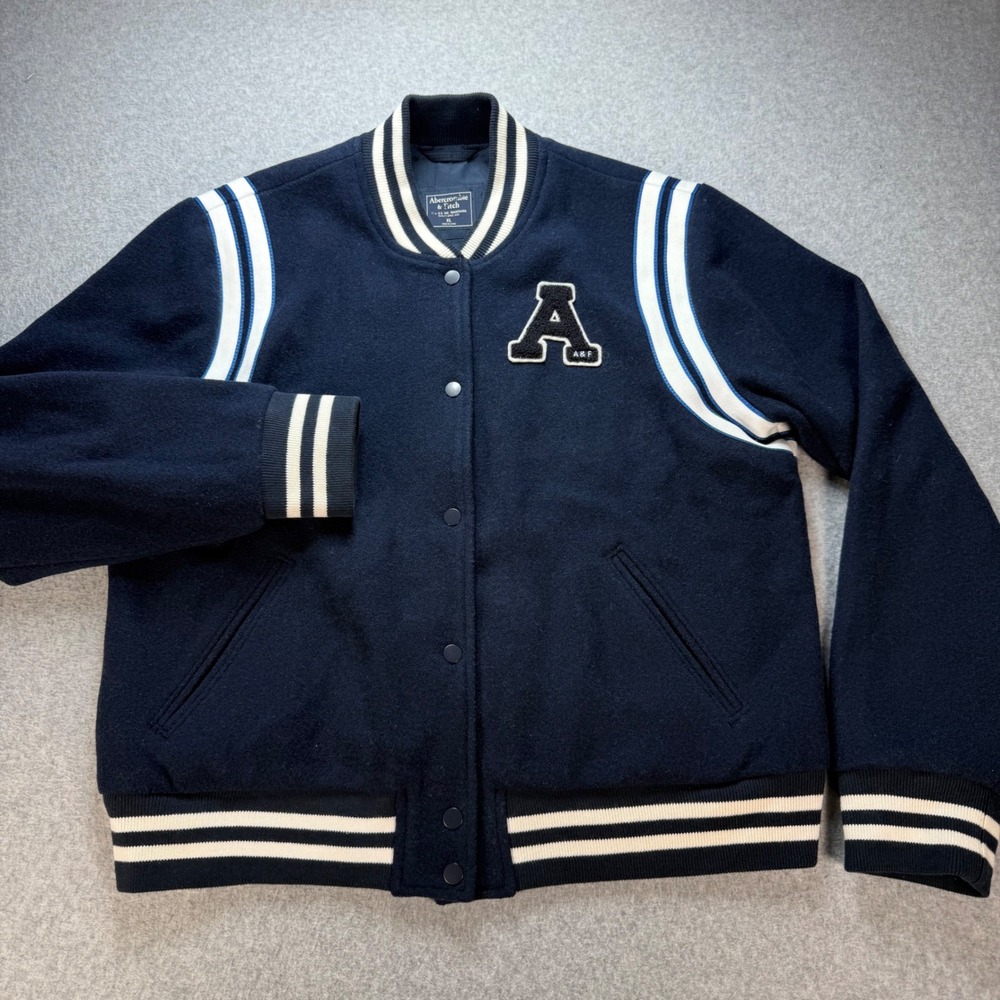 Abercrombie &‎ Fitch Kids Varsity Jacket Navy Blue Wool Blend Letterman XL
